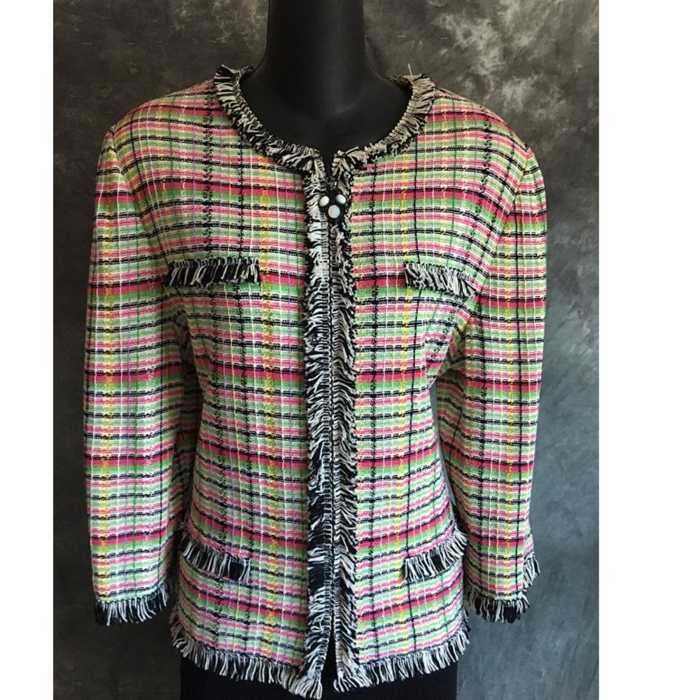 st john fringe knit jacket pink green 12